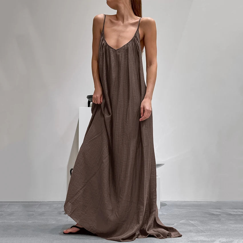 HiLoc Casual Loose Brown Long Robe Female 2026 Street Chic Apricot Backless Dress For Women Spring Casual Straight Nightgown