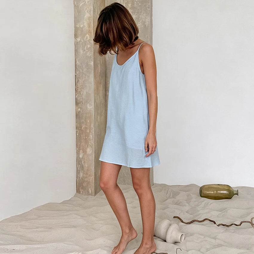 Hiloc Casual Blue Loose Mini Robe For Women Summer Sexy White Backless Nightgown Female 2026 Daily Black Sleeveless Sleep Dress