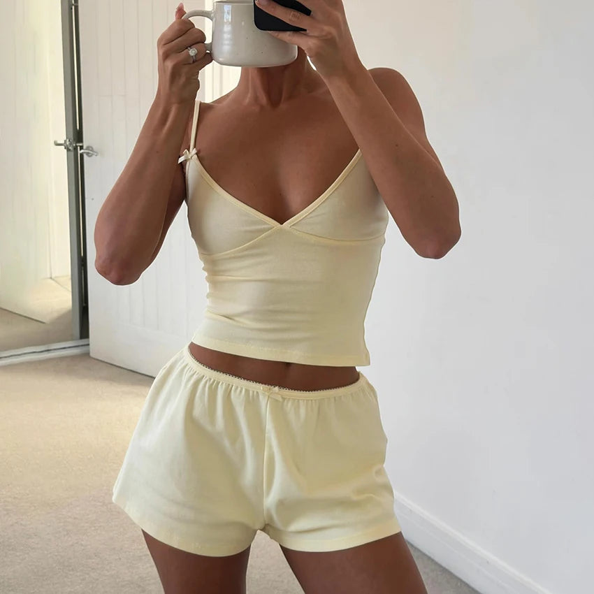 Hiloc Summer Knit Sport Shorts Sets Casual Spaghetti Strap Pajamas With Elastic Waist Shorts 2 Piece 2025 Home Outfits Yellow