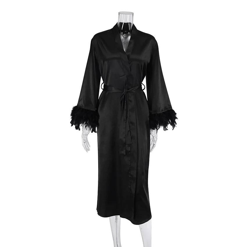 HiLoc 2025 Elegant Satin With Feather Long Robe Spring Sexy Lace Up White Silk Nightgown Female Home Wrap Robe Pajamas Women