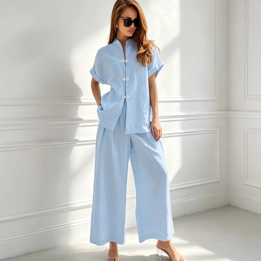HiLoc Blue Casual Loose Woven Inelastic Ladies Suit Two-Piece Short-Sleeved Single-Breasted Top Elastic Waist Ankle-Length Pants