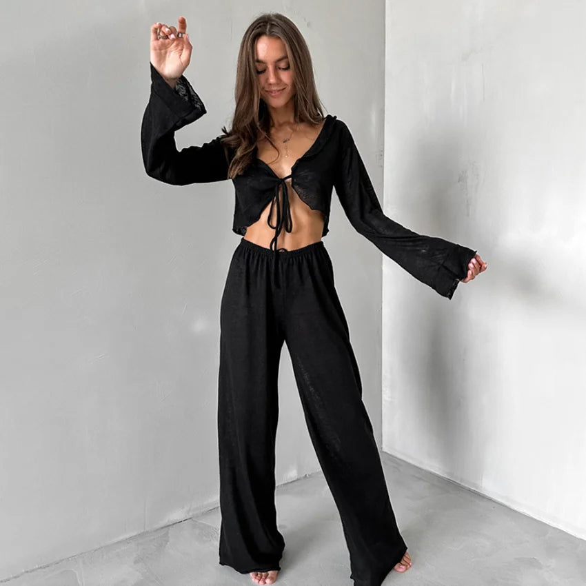 HiLoc Sexy V-Neck Knitted Thin Trousers Pajamas Women Casual Lace-Up Crop Tops With Loose Long Pants Sleepwears White Suits 2026