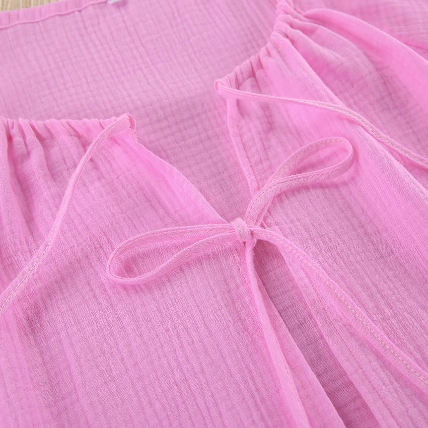 Hiloc Elegant Pink Lace-Up Lantern Sleeve Top Outfit Fitted High Waist Pure Cotton Shorts Suit Woman Drawstring Home Pajama Sets
