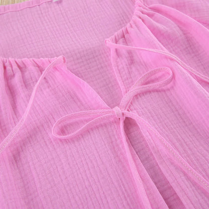 Hiloc Elegant Pink Lace-Up Lantern Sleeve Top Outfit Fitted High Waist Pure Cotton Shorts Suit Woman Drawstring Home Pajama Sets