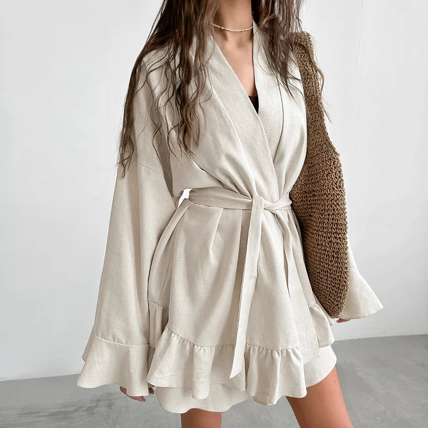 Hiloc Elegant Khaki Home Flare Sleeve V-Neck Belt Robe Suit Summer Loose Shorts Outfit Woman Ruffles Woven Pajama Set 2025 Solid