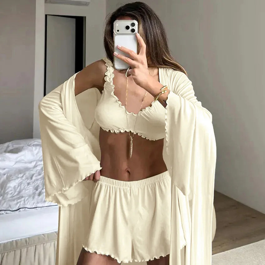 HiLoc Soft Drape Fabric Women's 3 Piece Pajama Set Ruffle Trim Cami Top Shorts With Belted Robe Sleepwear Loungewear Gift 2026