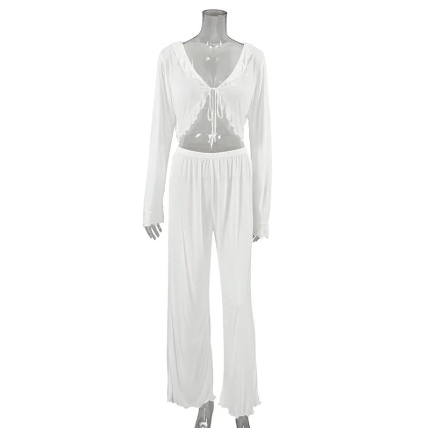 HiLoc Sexy V-Neck Knitted Thin Trousers Pajamas Women Casual Lace-Up Crop Tops With Loose Long Pants Sleepwears White Suits 2026
