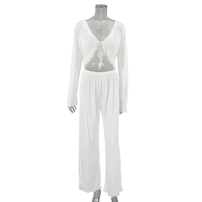 HiLoc Sexy V-Neck Knitted Thin Trousers Pajamas Women Casual Lace-Up Crop Tops With Loose Long Pants Sleepwears White Suits 2026