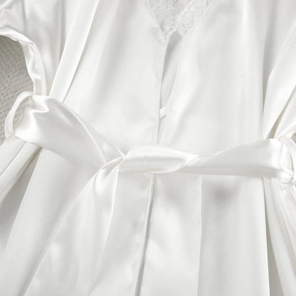 HiLoc 2025 Summer Sexy Lace Nightgown Robe With Belt Fashion Satin Long Sleeve Sleepwear Casual White Mini Dress For Women