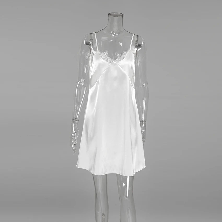 Hiloc Sexy White Spaghetti Strap Short Night Dresses Summer Woven Sleeveless Sleepdress Lace Pullover Ruched Backless Nightgowns