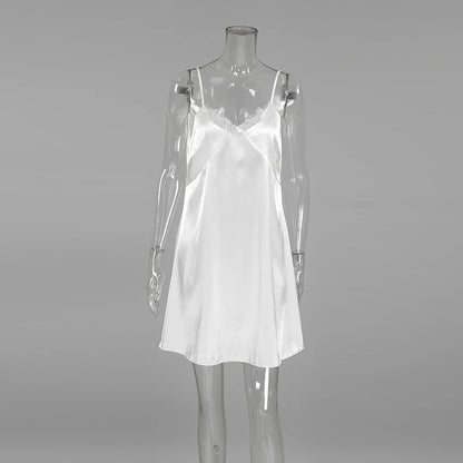 Hiloc Sexy White Spaghetti Strap Short Night Dresses Summer Woven Sleeveless Sleepdress Lace Pullover Ruched Backless Nightgowns