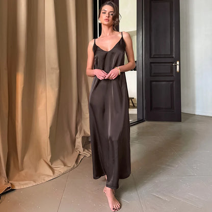 HiLoc Casual Brown Loose Long Dress Robe 2026 Summer Elegant Satin Straight Dresses For Women Spring Sleeveless  Robes Nightgown
