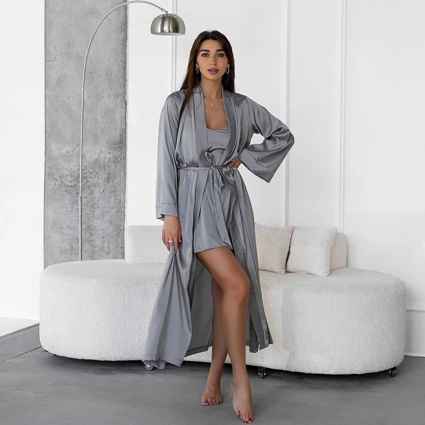 HiLoc Luxury Satin Nightgown Robe Set Women's V-Neck Spaghetti Strap Chemise Long Sleeve Belted Robe 2 Piece Loungewear 2026