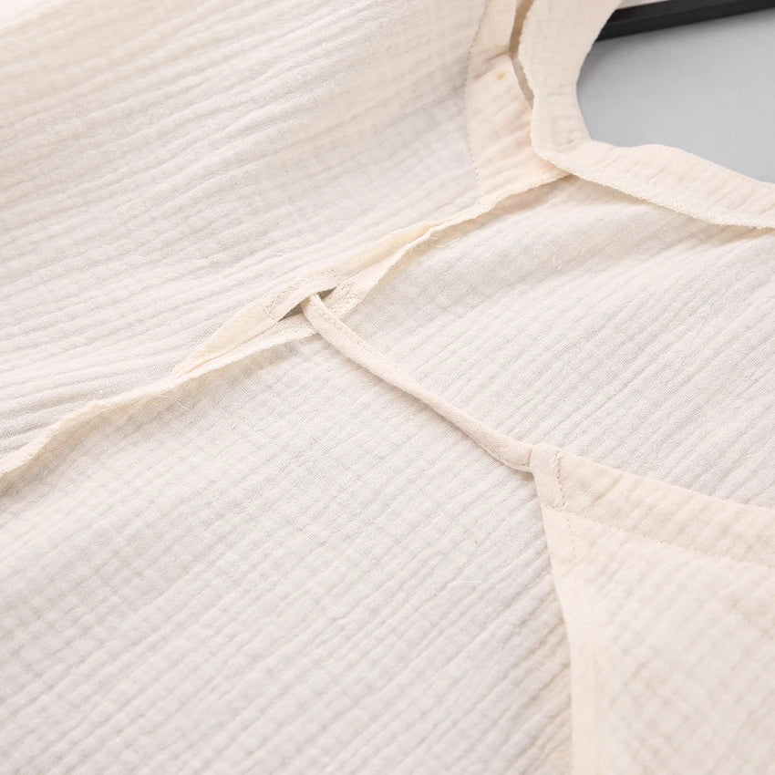 Hiloc Apricot Elegant Pure Cotton Short Dresses Summer Woven Loose High-Slit Lace-Up Nightgowns Spaghetti Strap Woman Sleepdress