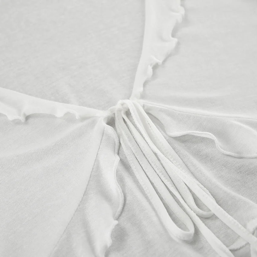 HiLoc Sexy V-Neck Knitted Thin Trousers Pajamas Women Casual Lace-Up Crop Tops With Loose Long Pants Sleepwears White Suits 2026