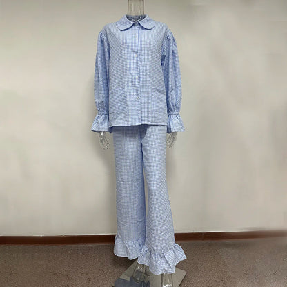 HiLoc Plaid Sleepwear Women Pajama Long Pants Sets Long Sleeve Casual 2 Pieces Night Wears Summer Korean Casual Home Suit 2026