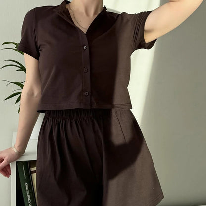 Hiloc Brown Casual Loose Elastic Women'S Two-Piece Single-Breasted Short-Sleeved Top Elastic Waist Shorts 2026 Fall Shorts Suits