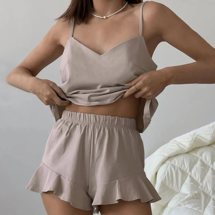 Hiloc Summer Elegant Satin Khaki Shorts Suits With Spaghetti Strap Sleeveless Two Piece Sets 2025 Casual Silk Pajamas Women
