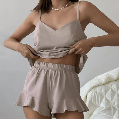 Hiloc Summer Elegant Satin Khaki Shorts Suits With Spaghetti Strap Sleeveless Two Piece Sets 2025 Casual Silk Pajamas Women