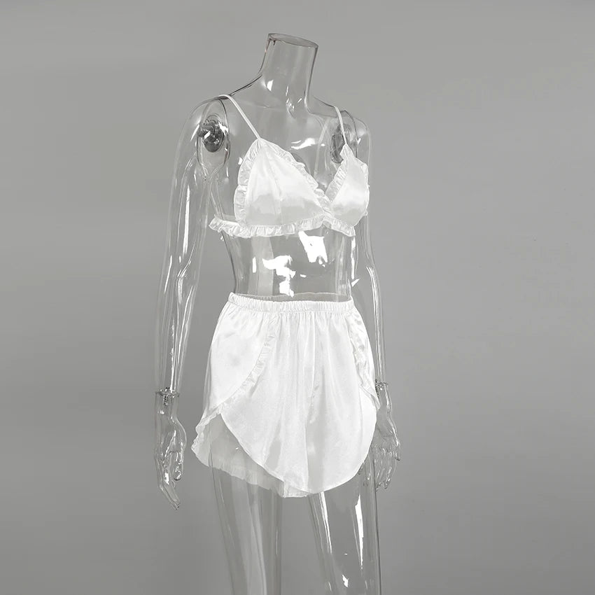 Hiloc Summer Sexy Satin Bra Suits Casual Elastic Waist Shorts And Lace Up Top 2 Piece Set Women 2025 Home Ruffles Outfits Female