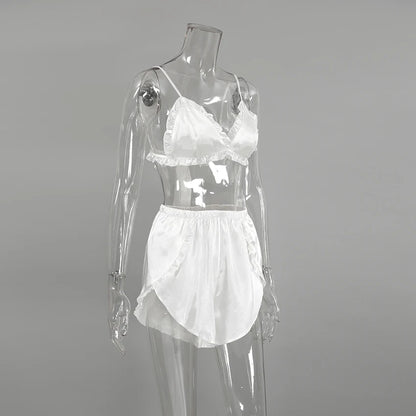 Hiloc Summer Sexy Satin Bra Suits Casual Elastic Waist Shorts And Lace Up Top 2 Piece Set Women 2025 Home Ruffles Outfits Female