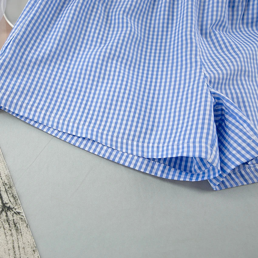 Hiloc Summer Blue Plaid Shorts Women's Sets Short Sleeve Home Suit For Women Round Neck Lacing Casual Lingerie For Ladies 2025