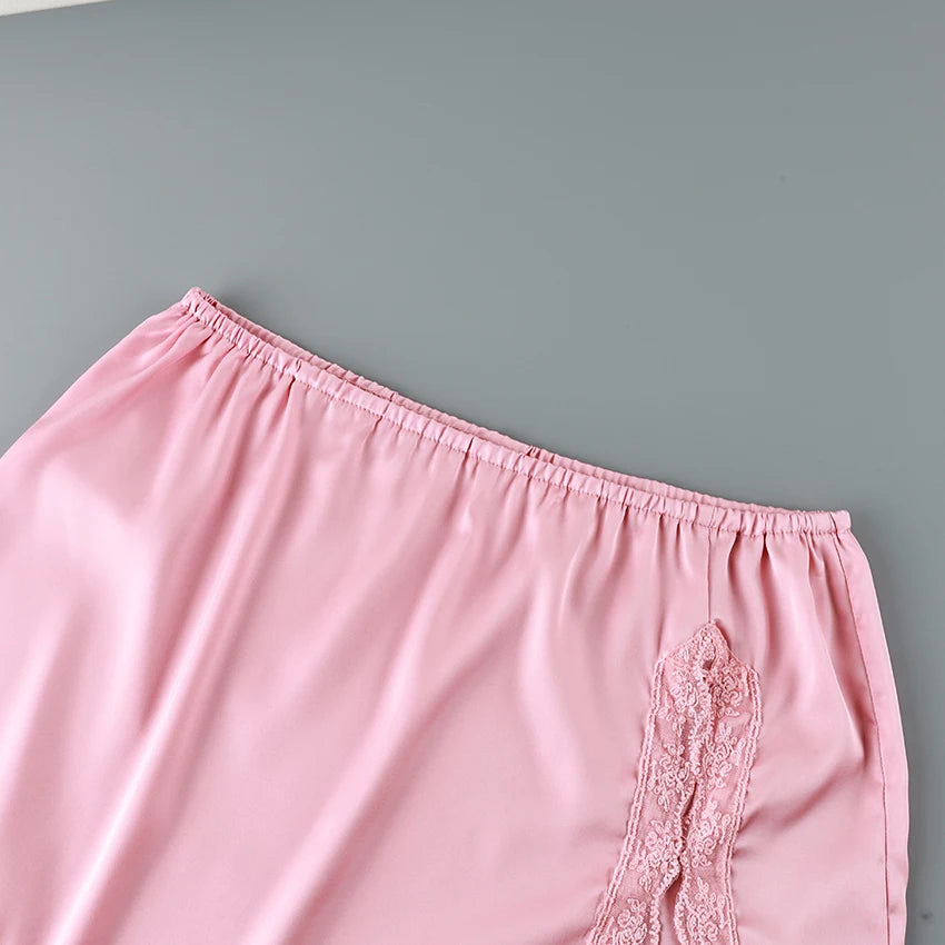 Hiloc Pink Elegant Satin Women's 3 Piece Set Pajamas Sexy Lace High Waist Split Skirts With Long Robe Bra Loungewear 2026 Spring