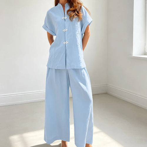 HiLoc Blue Casual Loose Woven Inelastic Ladies Suit Two-Piece Short-Sleeved Single-Breasted Top Elastic Waist Ankle-Length Pants
