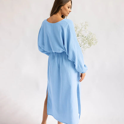 Hiloc Elegant Mid-Calf Blue Nightgowns Pure Cotton V-Neck Summer Lantern Sleeve Night Dress Folds Slit Pockets Nightdress Woman
