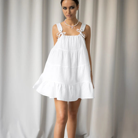 Hiloc White Pure Cotton Sweet Spaghetti Strap Mini Dress Summer Pullover Bow Backless Nightgowns Lace-Up Loose Night Dress Woman