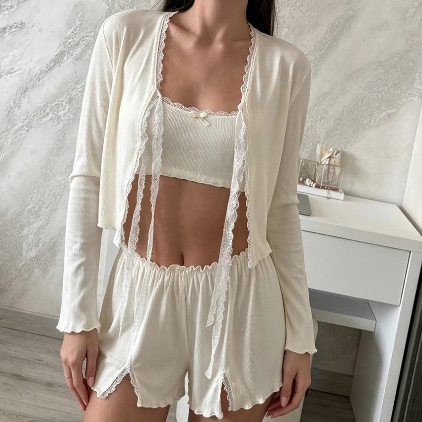HiLoc Apricot Sweet Lace Knitted Elastic Pajamas 3 Piece Long-Sleeved Lace Top Sleeveless Suspender Vest Elastic Waist Shorts