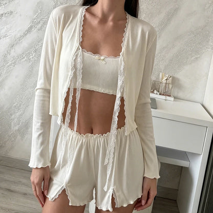 HiLoc Apricot Sweet Lace Knitted Elastic Pajamas 3 Piece Long-Sleeved Lace Top Sleeveless Suspender Vest Elastic Waist Shorts
