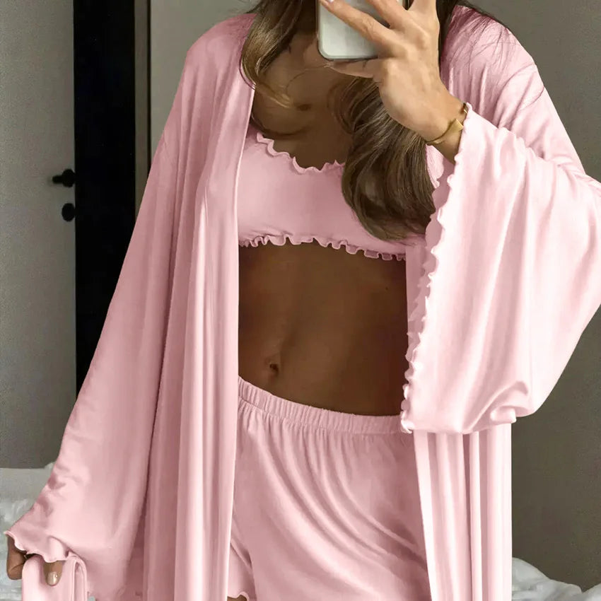 HiLoc Soft Drape Fabric Women's 3 Piece Pajama Set Ruffle Trim Cami Top Shorts With Belted Robe Sleepwear Loungewear Gift 2026