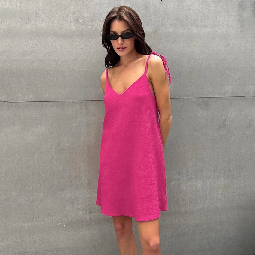 Hiloc Casual Cotton Spaghetti Strap Dress Sexy Rose Red Backless Robe Sleepwear Female 2025 Summer Solid Pajamas Woman Dresses