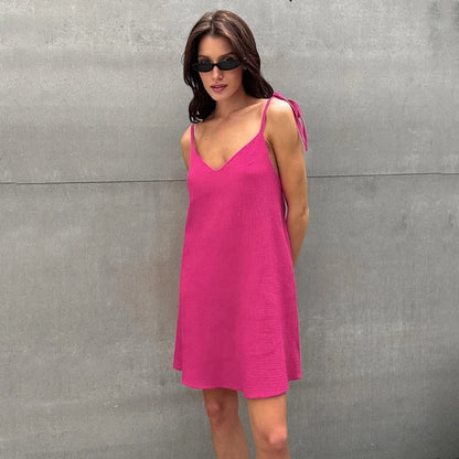 Hiloc Casual Cotton Spaghetti Strap Dress Sexy Rose Red Backless Robe Sleepwear Female 2025 Summer Solid Pajamas Woman Dresses