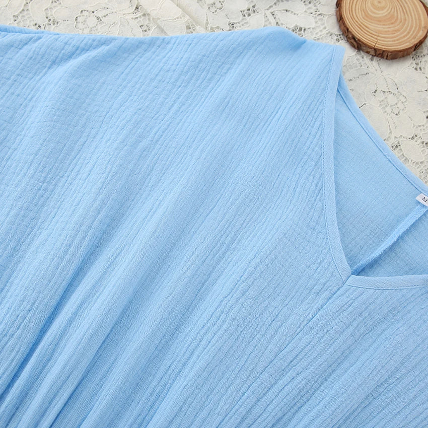 Hiloc Elegant Mid-Calf Blue Nightgowns Pure Cotton V-Neck Summer Lantern Sleeve Night Dress Folds Slit Pockets Nightdress Woman