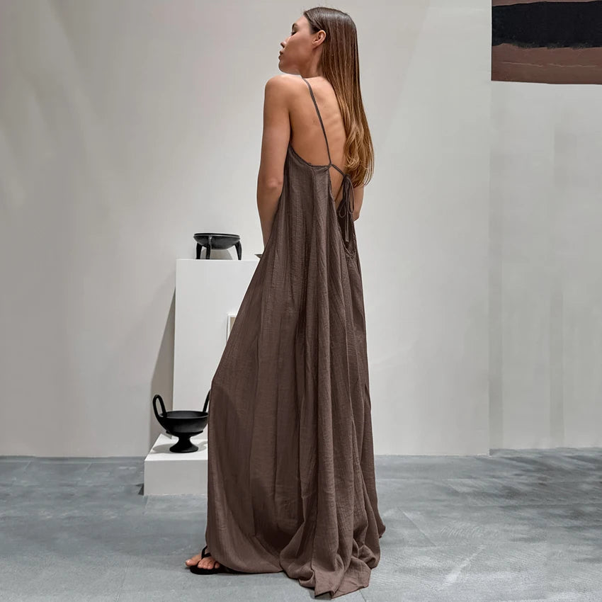HiLoc Casual Loose Brown Long Robe Female 2026 Street Chic Apricot Backless Dress For Women Spring Casual Straight Nightgown