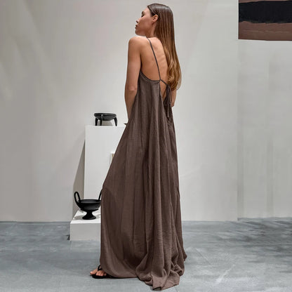 HiLoc Casual Loose Brown Long Robe Female 2026 Street Chic Apricot Backless Dress For Women Spring Casual Straight Nightgown