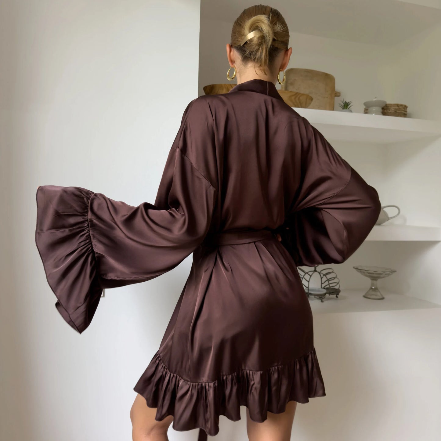 Hiloc Women 2 Piece Brown Satin Loungewear Set Lace Trim Slip Dress Ruffle Sleeve Robe Elegant Sleepwear 2026 Summer New