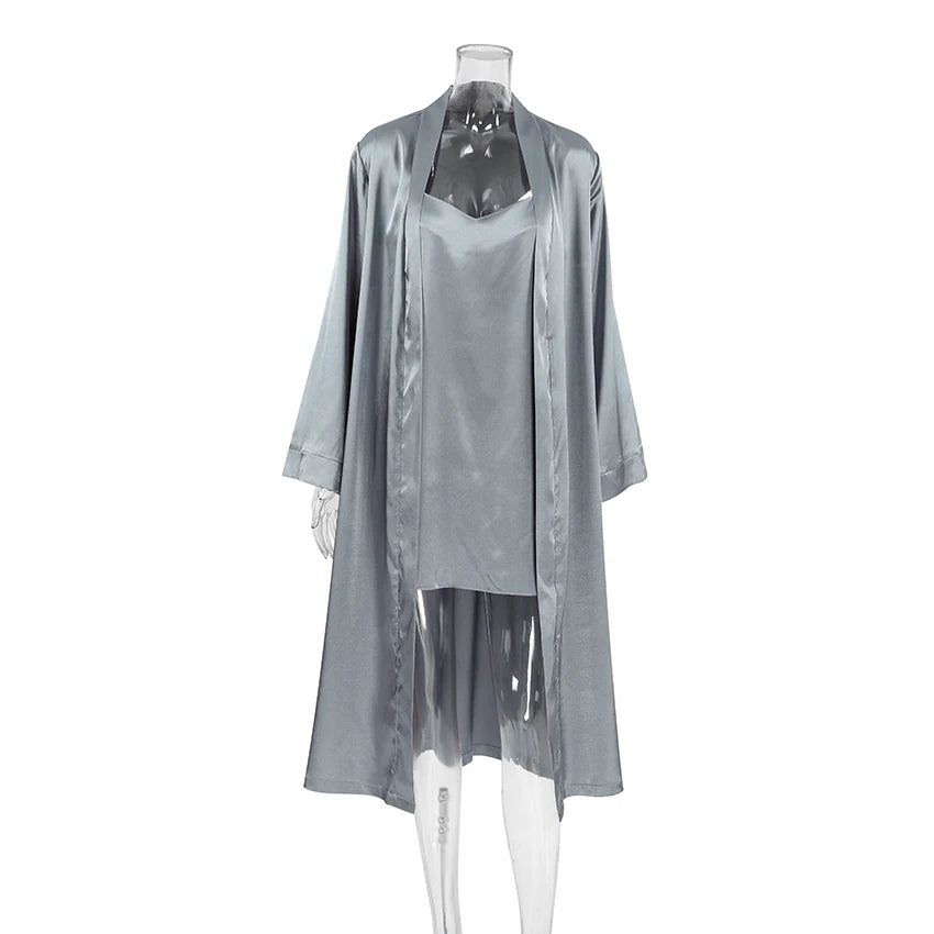 HiLoc Luxury Satin Nightgown Robe Set Women's V-Neck Spaghetti Strap Chemise Long Sleeve Belted Robe 2 Piece Loungewear 2026