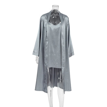 HiLoc Luxury Satin Nightgown Robe Set Women's V-Neck Spaghetti Strap Chemise Long Sleeve Belted Robe 2 Piece Loungewear 2026