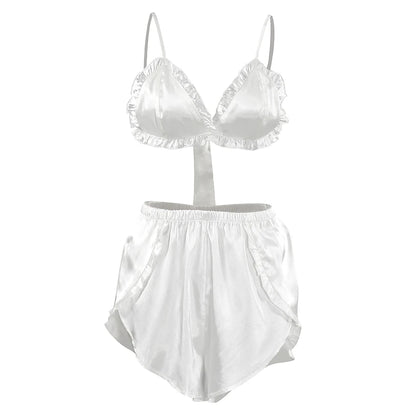 Hiloc Summer Sexy Satin Bra Suits Casual Elastic Waist Shorts And Lace Up Top 2 Piece Set Women 2025 Home Ruffles Outfits Female