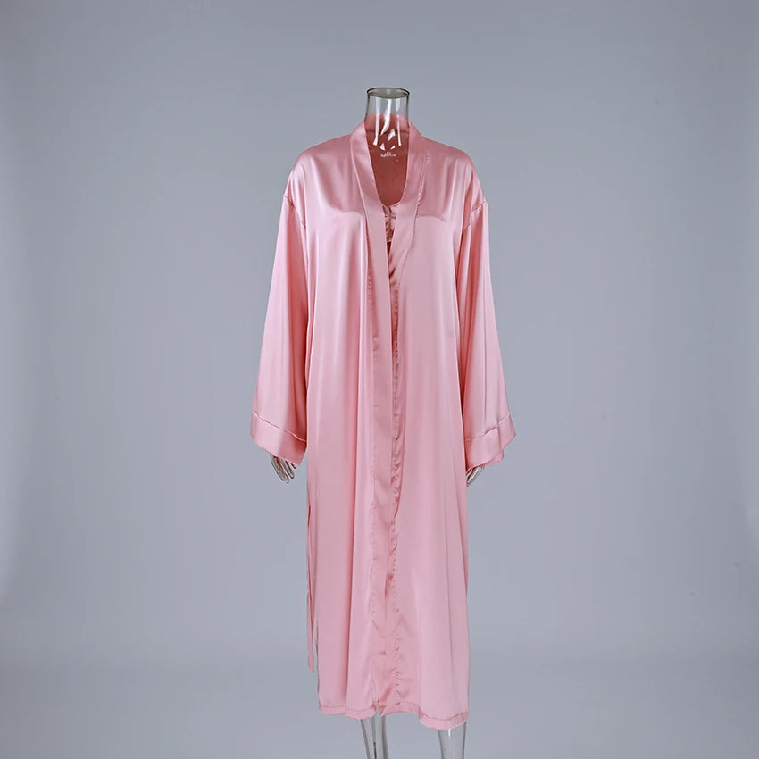 Hiloc Pink Elegant Satin Women's 3 Piece Set Pajamas Sexy Lace High Waist Split Skirts With Long Robe Bra Loungewear 2026 Spring