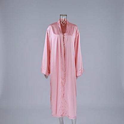 Hiloc Pink Elegant Satin Women's 3 Piece Set Pajamas Sexy Lace High Waist Split Skirts With Long Robe Bra Loungewear 2026 Spring