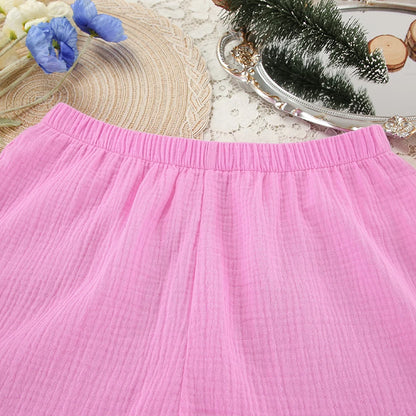 Hiloc Elegant Pink Lace-Up Lantern Sleeve Top Outfit Fitted High Waist Pure Cotton Shorts Suit Woman Drawstring Home Pajama Sets