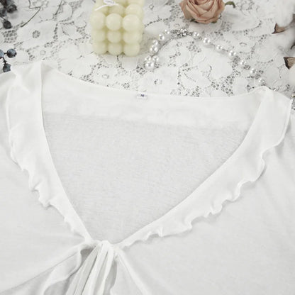 HiLoc Sexy V-Neck Knitted Thin Trousers Pajamas Women Casual Lace-Up Crop Tops With Loose Long Pants Sleepwears White Suits 2026
