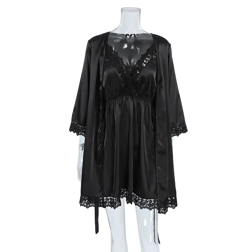 HiLoc Fashion Black Robe 2 Pieces Sleepwear 2025 Sexy Lace V Neck Mini Dress Women Casual Long Sleeve Robe Dresses Pajamas Lady