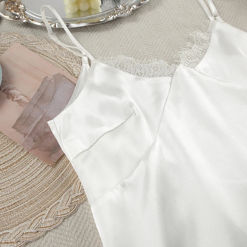 Hiloc Sexy White Spaghetti Strap Short Night Dresses Summer Woven Sleeveless Sleepdress Lace Pullover Ruched Backless Nightgowns