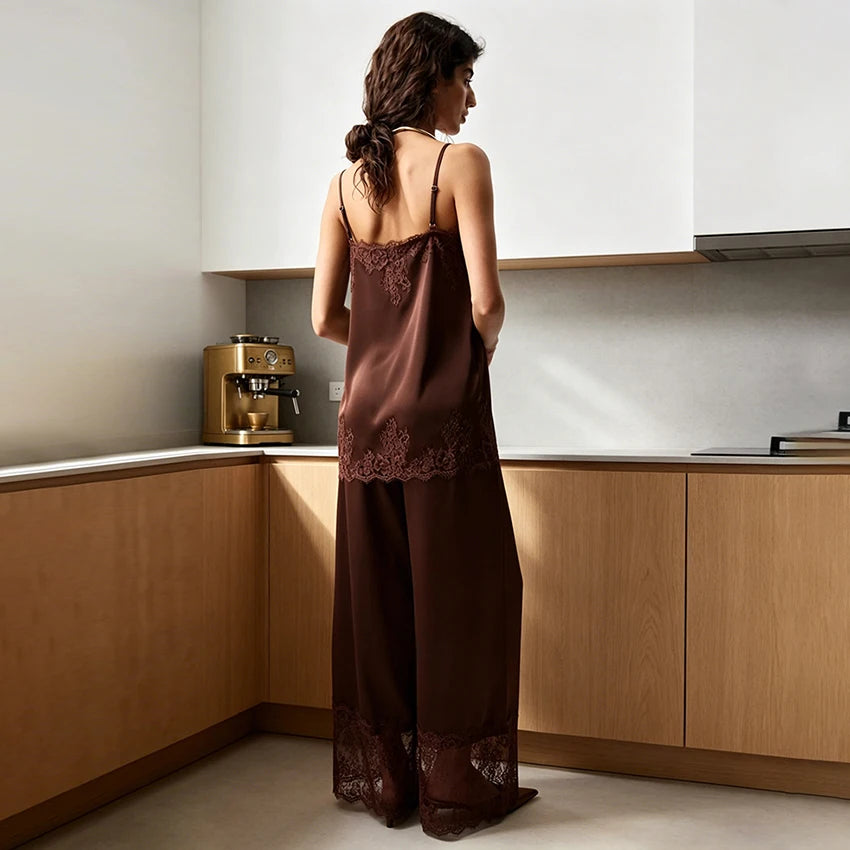 Hiloc Elegant Satin Long Pants Suit Women's Pajama Casual Lace Camisole With Elastic Waist Pants 2 Piece 2026 Summer Home Sets