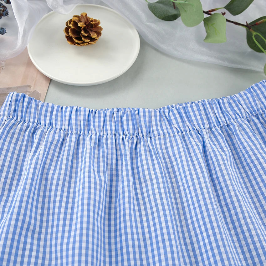 Hiloc Summer Blue Plaid Shorts Women's Sets Short Sleeve Home Suit For Women Round Neck Lacing Casual Lingerie For Ladies 2025
